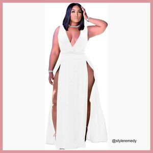 Polyester and Spandex Deep V Neck Wrap Maxi Dress with Front Split